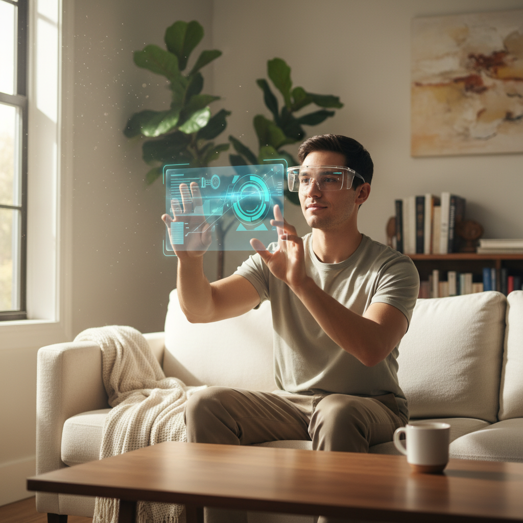 A person wearing smart glasses, using hand gestures to interact with a virtual interface, comfortable home setting, natural lighting, a sense of seamless interaction, no text
