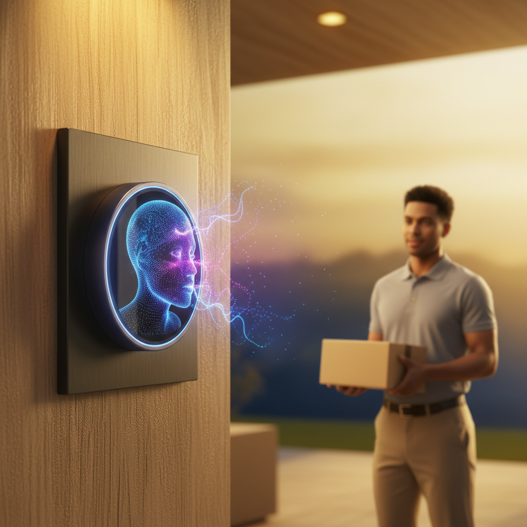 A smart Ring doorbell with a glowing AI interface, responding to a delivery person. Warm lighting, modern home setting, colored background, no text, 4:3 aspect ratio