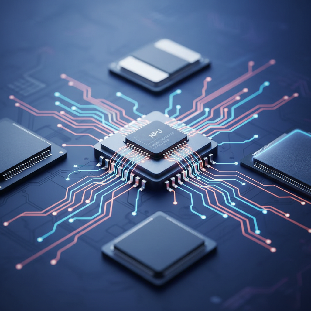 Close-up of a smartphone's internal components, highlighting a tiny, complex NPU chip with glowing lines representing data flow, in a clean, modern infographic style with a textured, subtle background, no visible text.