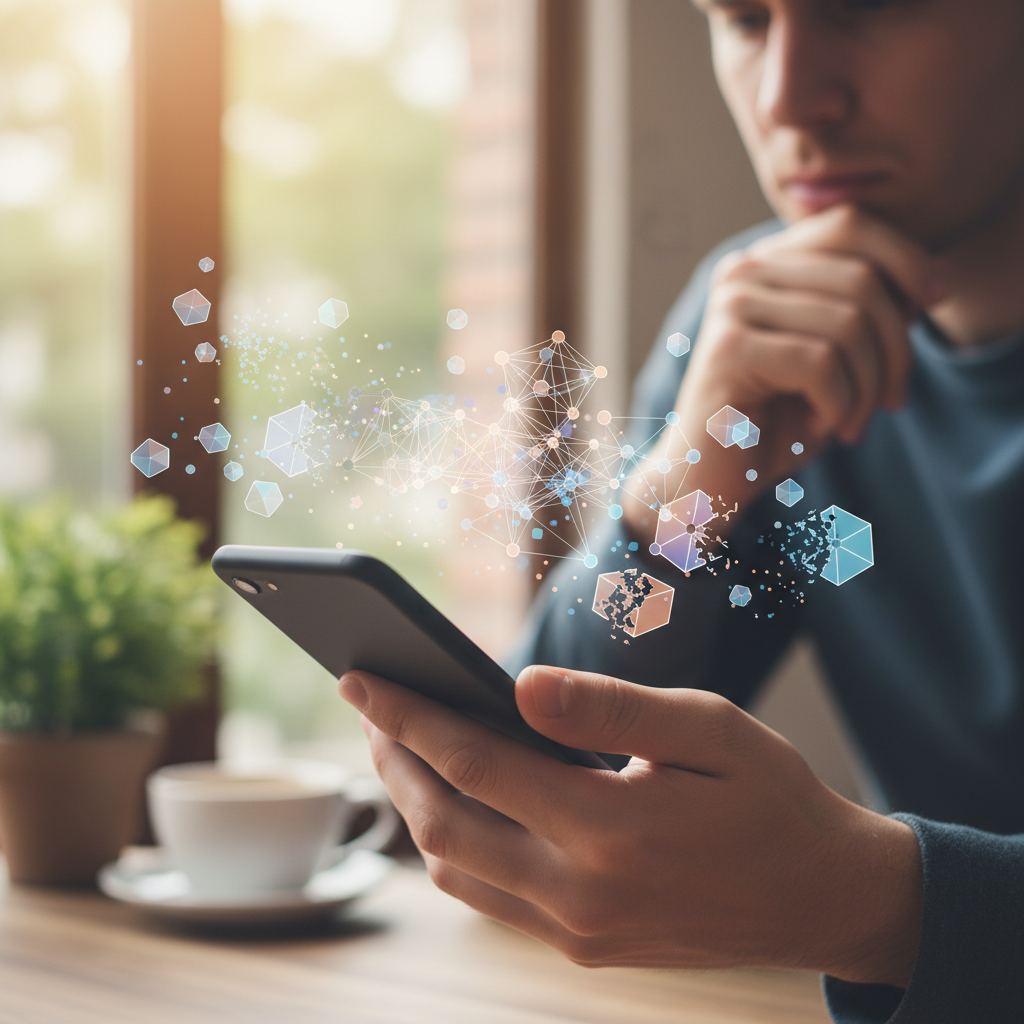 A user holding a smartphone, looking thoughtful, with simplified abstract graphics representing compressed AI models and memory limitations floating around the phone. Style: lifestyle photography, natural lighting, blurred background, no visible text.