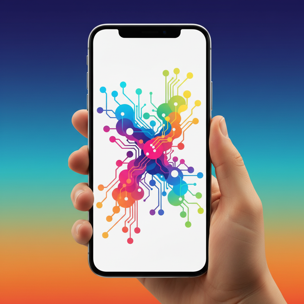 Mobile phone displaying abstract AI neural network patterns, vibrant colors, clean infographic style, modern layout, high contrast, gradient background, no visible text.