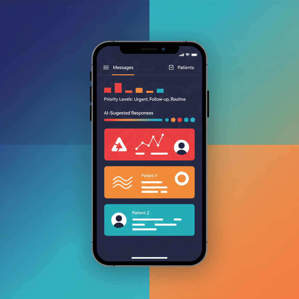 A sleek, modern smartphone app interface for doctors, showing sorted WhatsApp messages by priority. AI-suggested responses are visible, with clean infographic elements and a high-contrast, colored background. No visible text on the phone screen. 1:1 aspect ratio