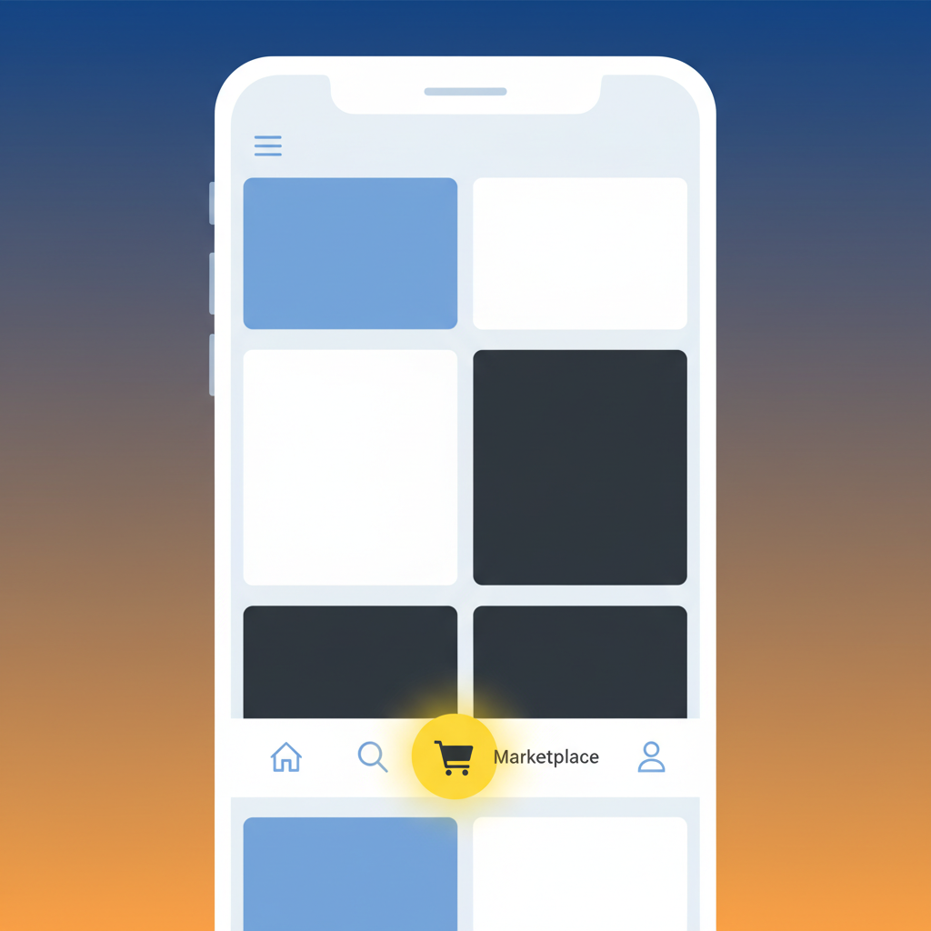 A clean infographic showing a mobile app screen with the "Marketplace" icon prominently highlighted in the bottom navigation bar, modern layout, high contrast, colored background, no text