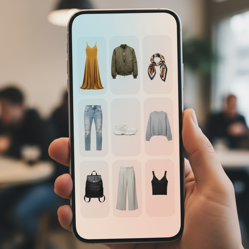 A smartphone screen showing a feed of various clothing products recommended by AI, in a detailed composition, modern layout, colored background, no text