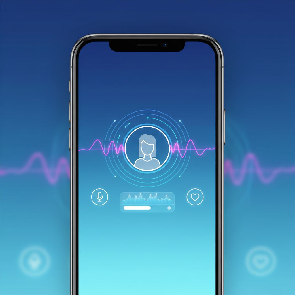 A close-up shot of a smartphone displaying a voice AI dating app interface, with sound waves and user profile elements, clean infographic style, modern layout, high contrast, gradient blue background, no text, 4:3 aspect ratio