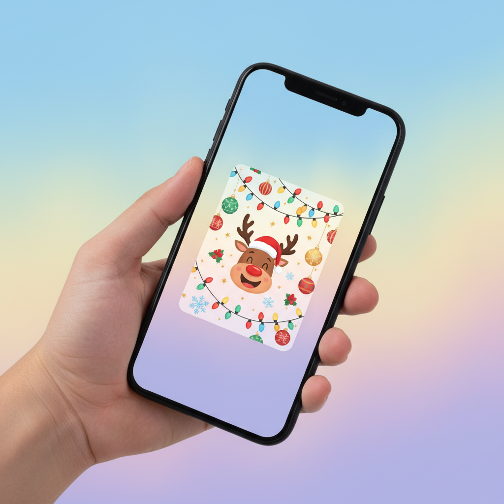 A hand holding a smartphone displaying a festive digital greeting card within a TikTok chat interface, bright, balanced lighting, gradient background, no text