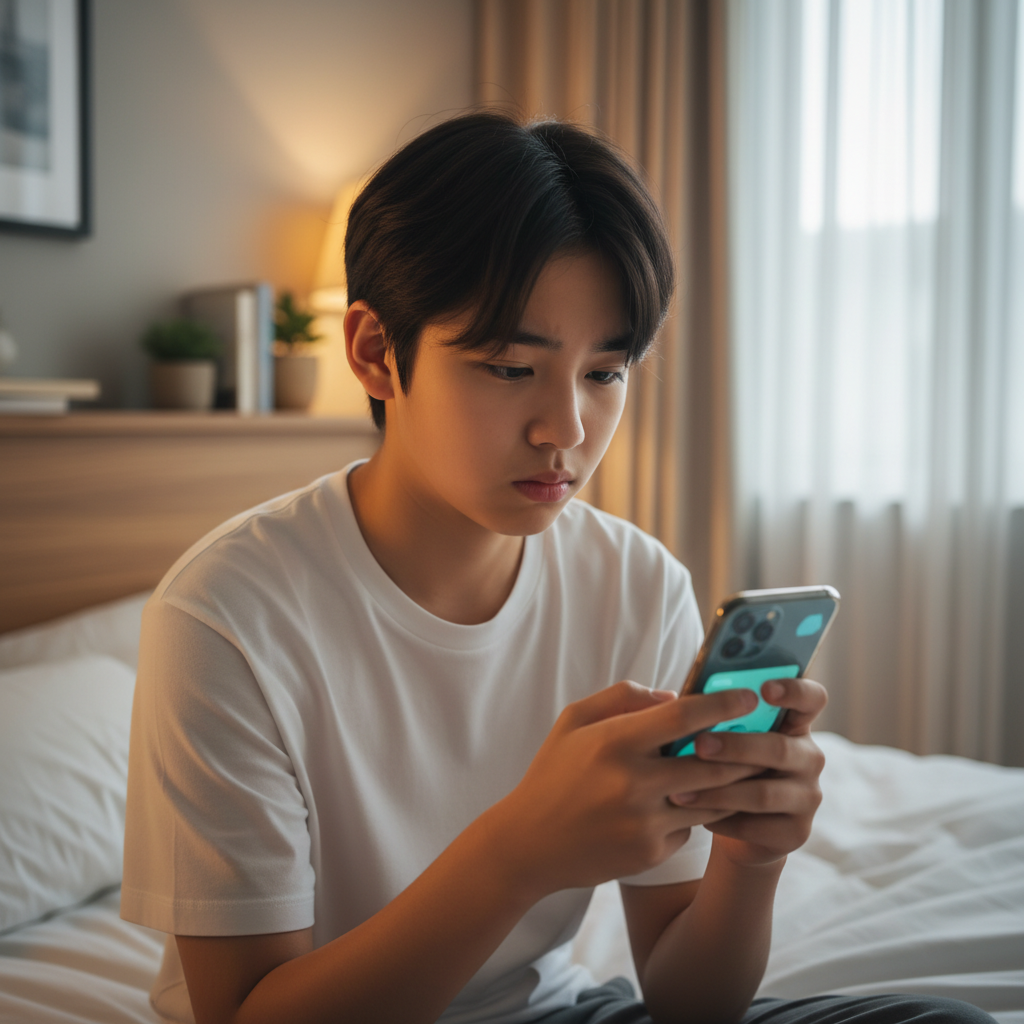 A Korean teenager subtly interacting with an AI chatbot on a smartphone, soft warm lighting, slightly concerned expression, modern bedroom background, no text