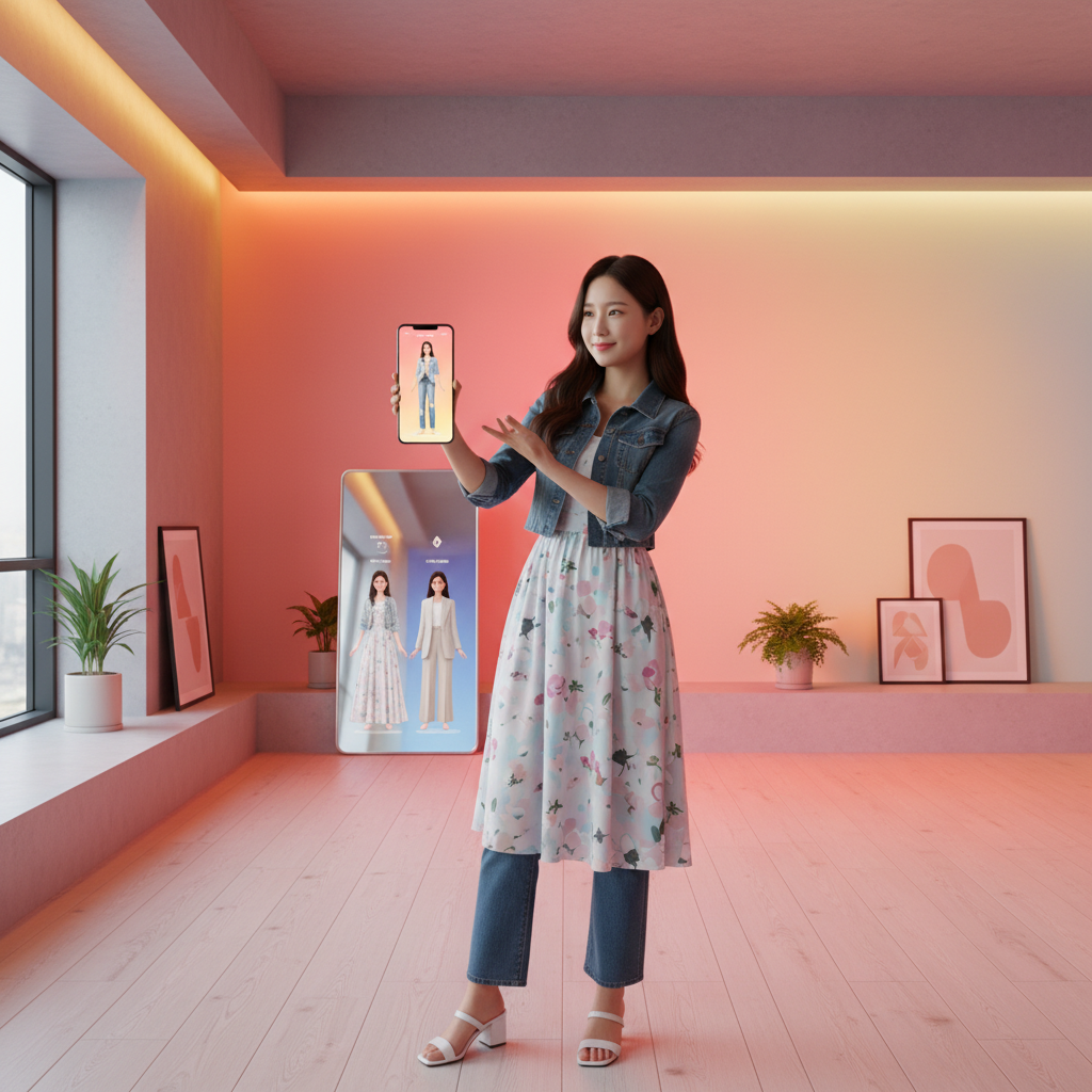 A Korean woman uses her smartphone for virtual try-on in a modern, stylish setting, showing various outfits on her virtual self, warm lighting, colored background, no text