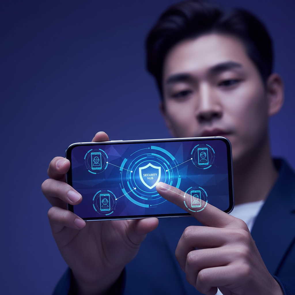 A young Korean adult using a smartphone to manage security settings, with multiple smaller smartphone icons around, indicating family members being protected, modern layout, high contrast, gradient background, no text