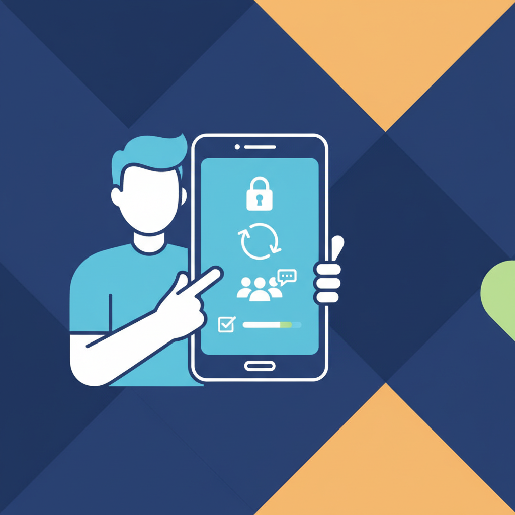 A clean infographic illustrating a person using a smartphone to recover a social media account. The phone screen shows a simplified interface for account support. Style: clean infographic, modern layout, high contrast, colored background. No text.