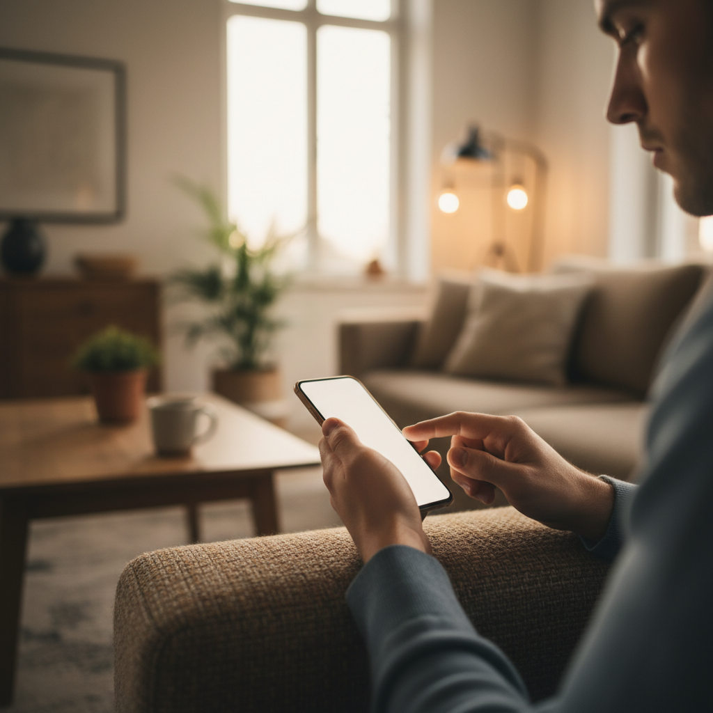 A lifestyle photography scene of a person intently looking at their smartphone, with a focus on their hands interacting with the screen. The background is a soft, warm-lit modern living space. Style: lifestyle photography, warm lighting, natural setting, textured background. No text.