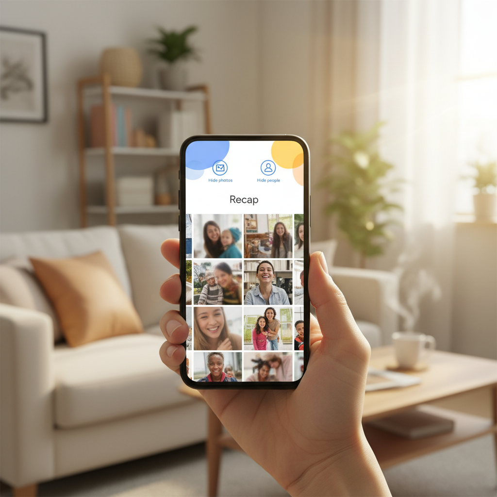 A person's hand holding a smartphone displaying the Google Photos Recap interface, with options to hide specific photos or people. The background is a warm, inviting living room scene, with soft focus. The interface is clean and user-friendly. No text on screen, Korean appearance for the hand.