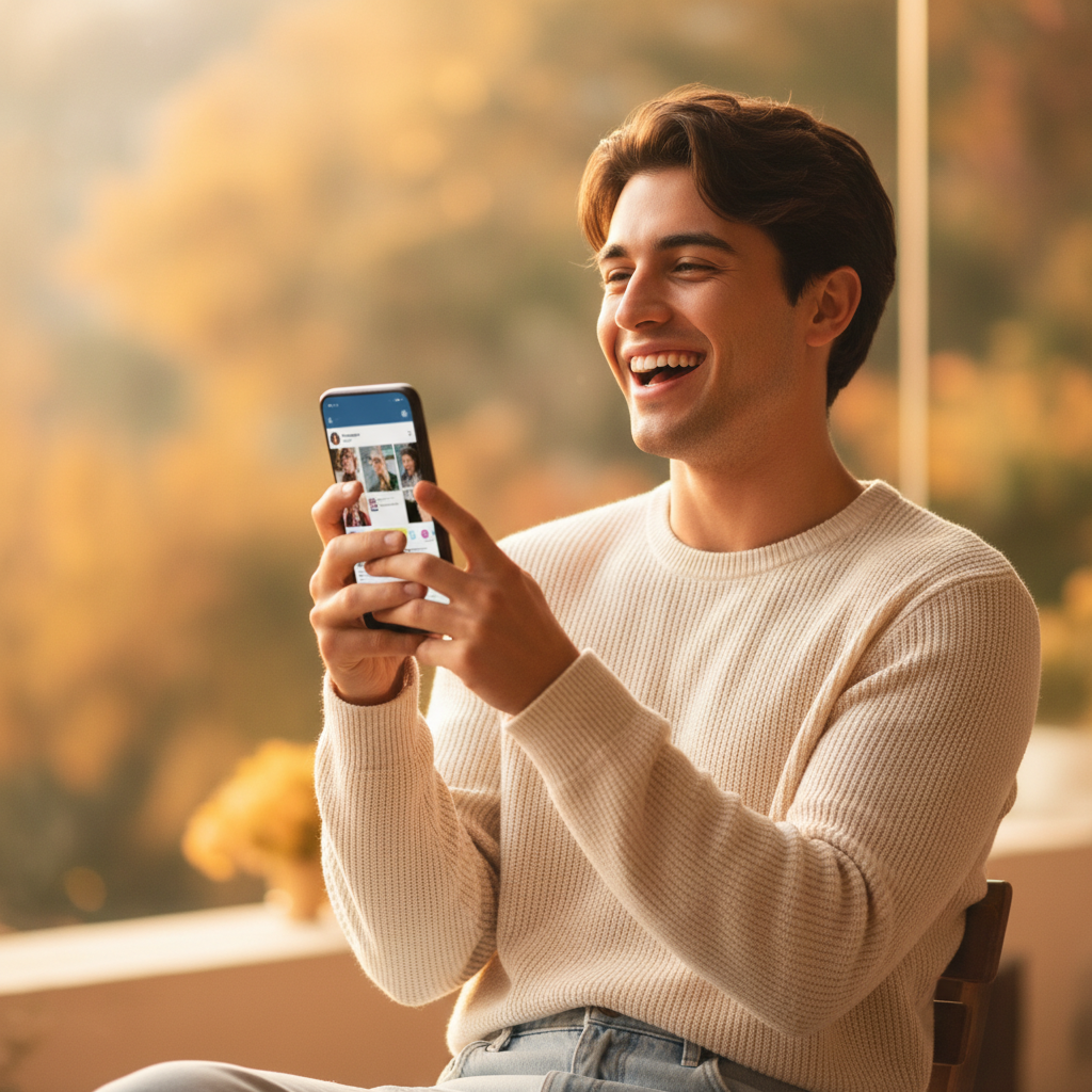 A lifestyle photography shot of a person smiling while confidently using their smartphone for social media, with a bright, natural background. Style: lifestyle photography, warm lighting, natural setting, colored background. No text.