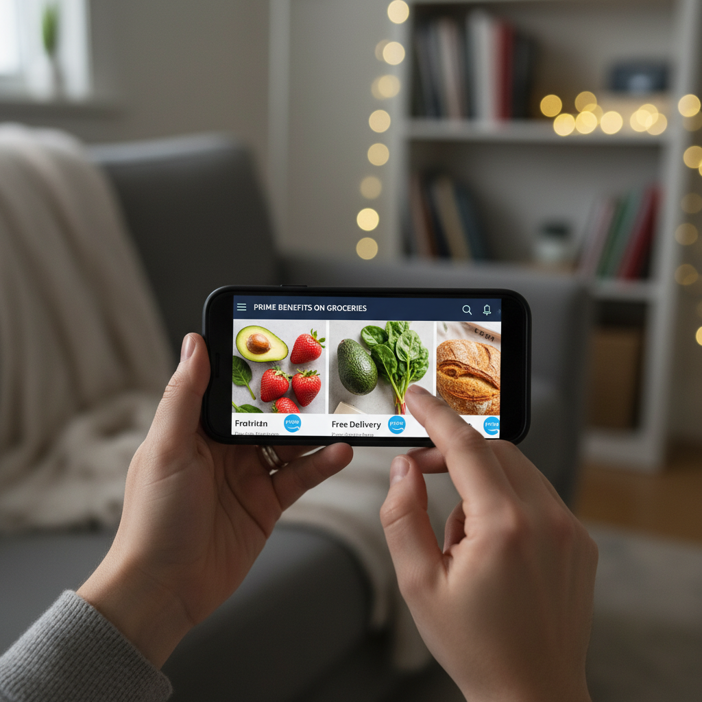 A close-up shot of a person's hands holding a smartphone, actively browsing fresh groceries on the Amazon app, with subtle visual cues indicating Prime membership benefits. The background is a soft, blurred living room setting with warm lighting. No text.
