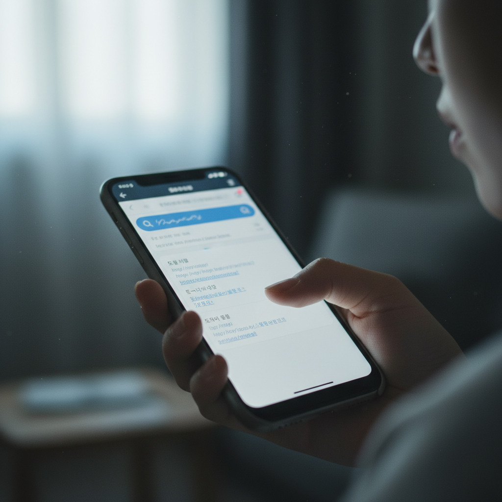 A close-up of a Korean hand holding a smartphone, searching for help, in a dimly lit room, with a soft focus on the screen showing search results, natural light, no text