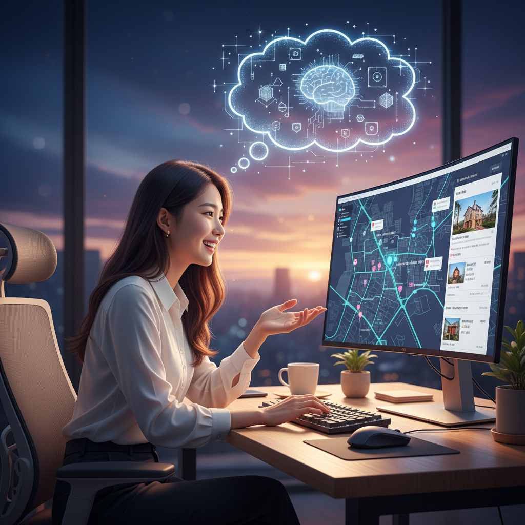 A Korean woman enthusiastically searching for a house on a desktop computer, a stylized thought bubble showing AI elements, modern office setting, bright and natural lighting, rich colored background, no text