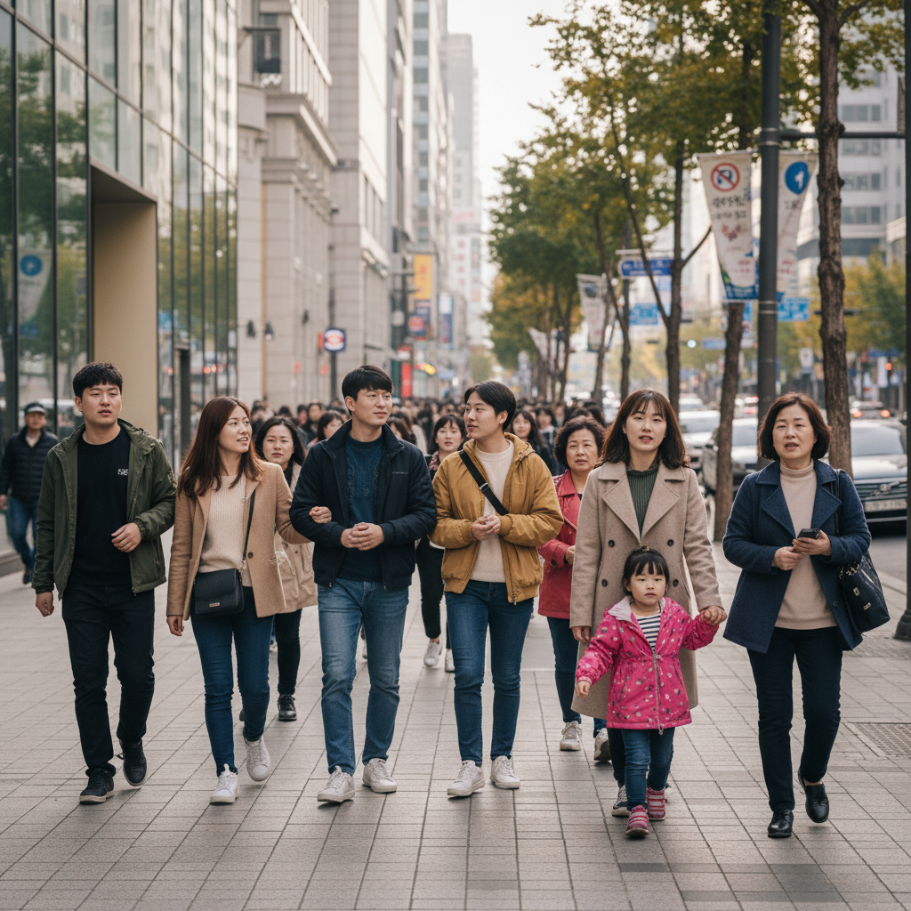 A realistic image of a diverse group of people casually walking on a bustling city sidewalk, vibrant and natural. The image style should mimic a photo taken by a smartphone camera, with bright, balanced lighting and a slightly enhanced, crisp texture. The background features modern urban buildings. No visible text on any element. Korean appearance.