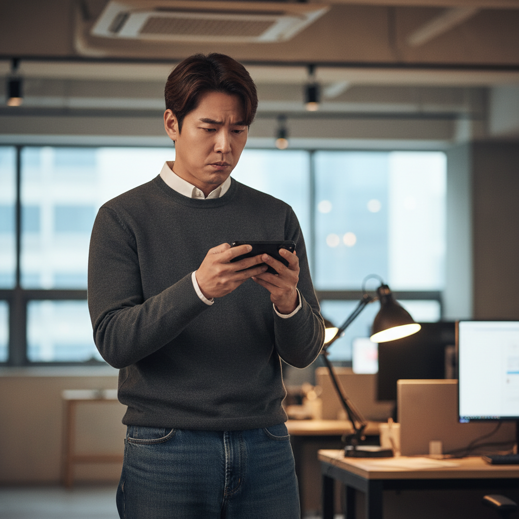 A Korean man, late 20s to early 30s, holding a smartphone with a thoughtful expression. He is dressed in casual, modern attire. The background is a soft blur of a contemporary office or tech space, with warm ambient lighting. No text.