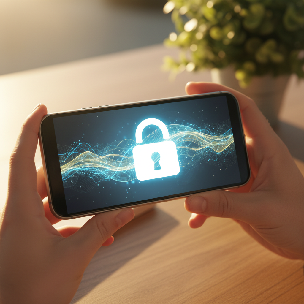 A person's hands holding a smartphone, with a padlock icon on the screen and glowing lines subtly flowing *within* the phone, symbolizing on-device privacy. Style: lifestyle photography, warm lighting, natural setting, textured background, no visible text.