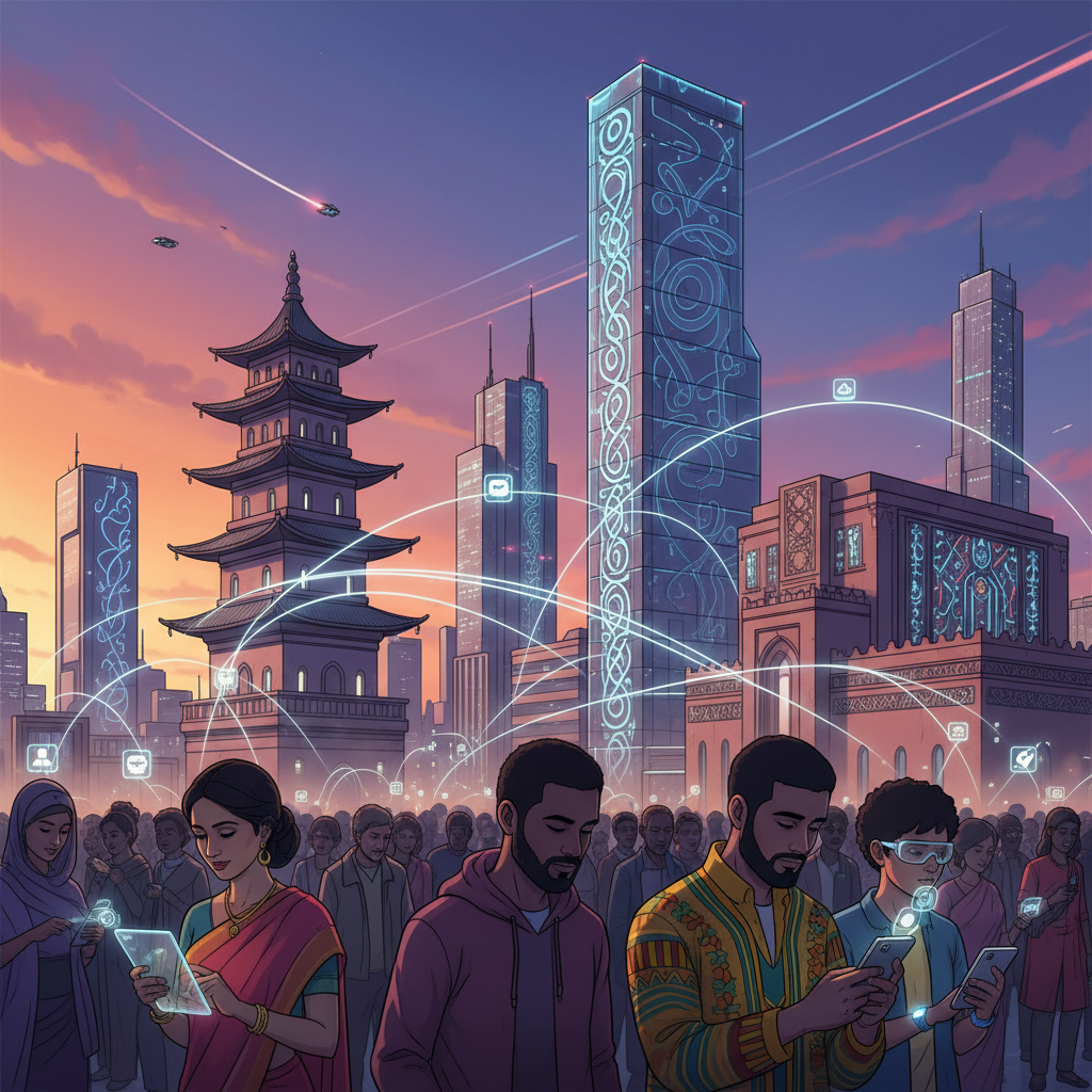 A vibrant cityscape at dusk, with diverse people from different cultural backgrounds subtly connected through digital interfaces on their smartphones, symbolizing connection in a bustling urban environment, colored gradient sky, detailed architecture, no text, modern illustration