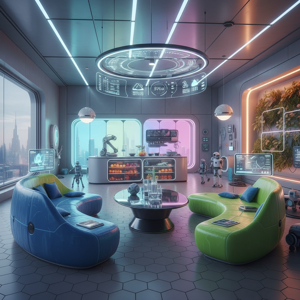 A vibrant futuristic smart home interior filled with interconnected devices, bright, balanced lighting, colored background, detailed composition, no text