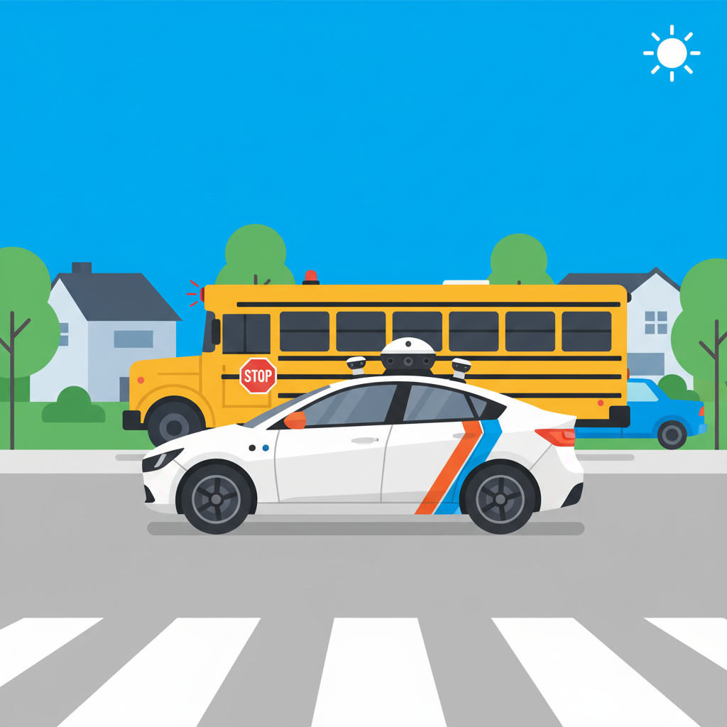 A self-driving Waymo robotaxi driving past a stopped school bus with flashing red lights and an extended stop arm. The scene is set on a suburban street during daylight. Style: clean infographic, modern layout, high contrast. No text.