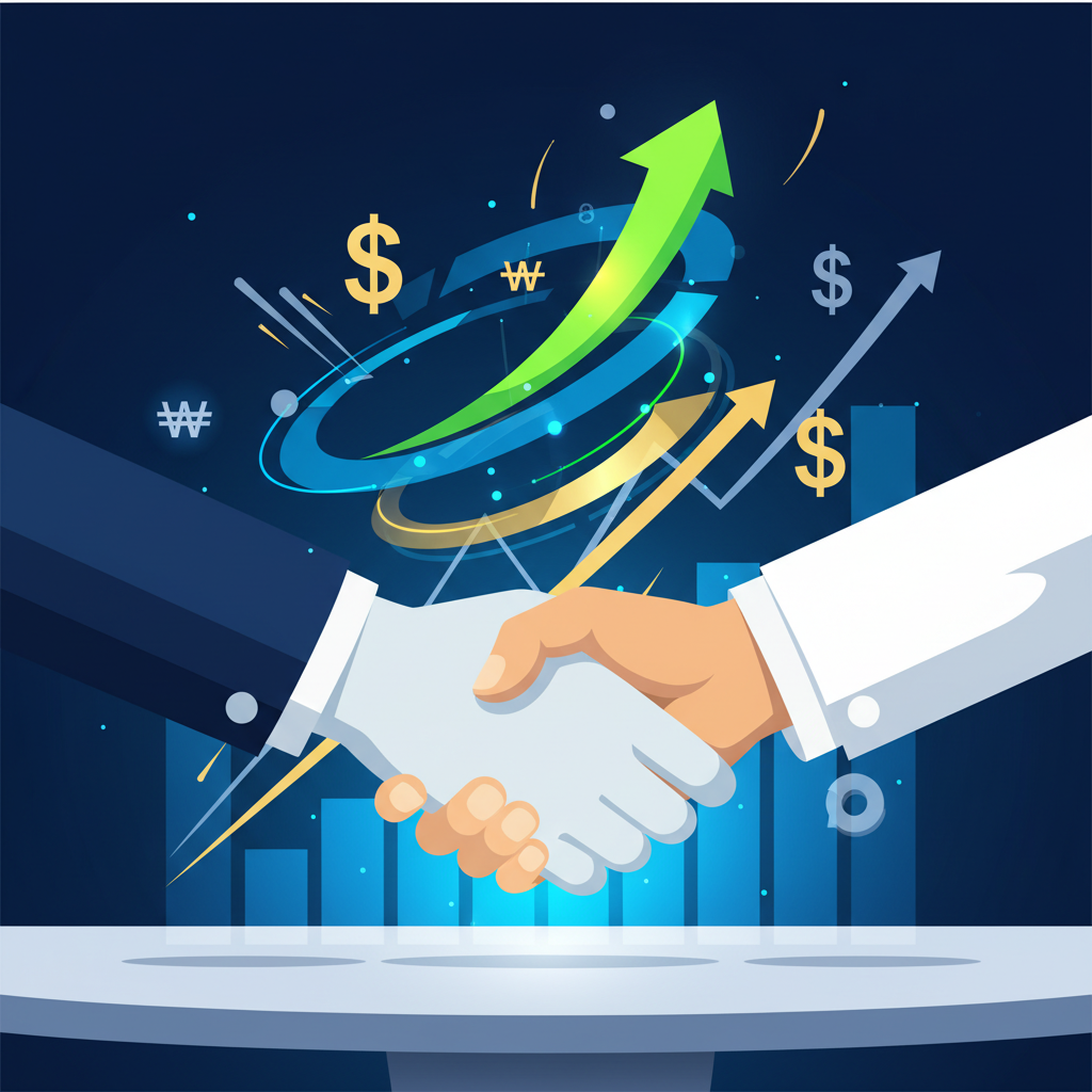 A dynamic, clean infographic showing hands shaking over a table with abstract digital elements, symbolizing a successful venture capital funding round. Money symbols and growth charts are subtly integrated into the background. Modern layout, high contrast, no text. Korean appearance hands.