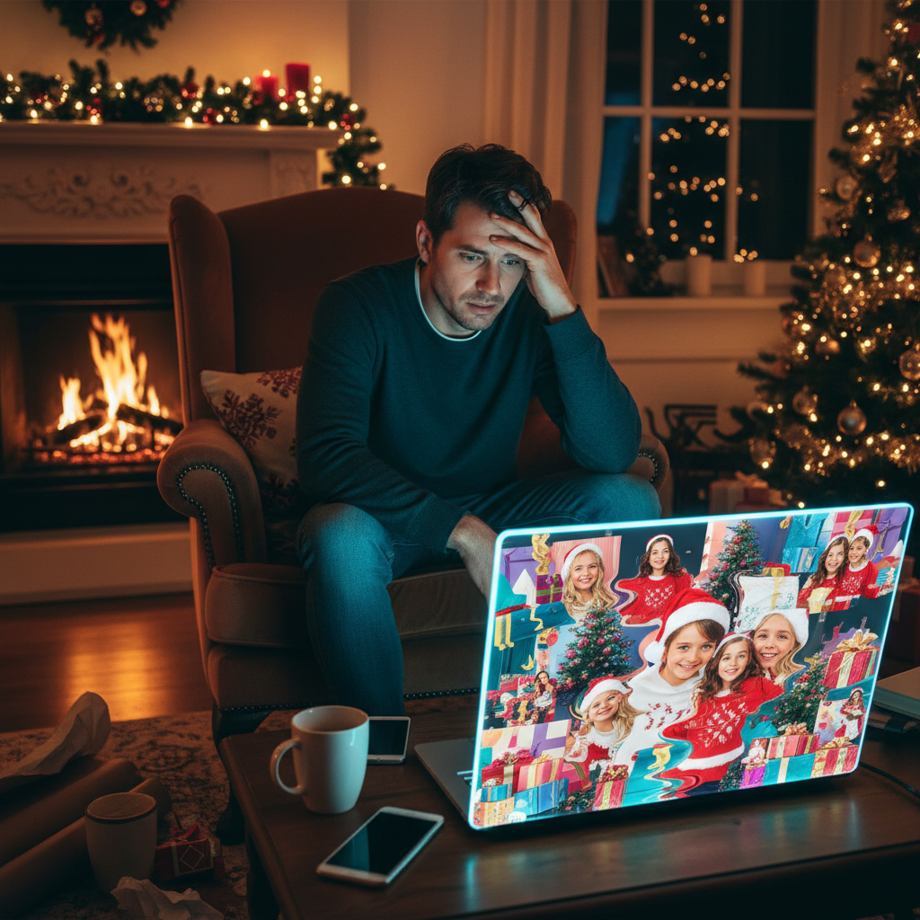 A person looking overwhelmed during the Christmas season, sitting in front of a digital screen displaying distorted AI-generated images, lifestyle photography, warm lighting, cozy room, no text.