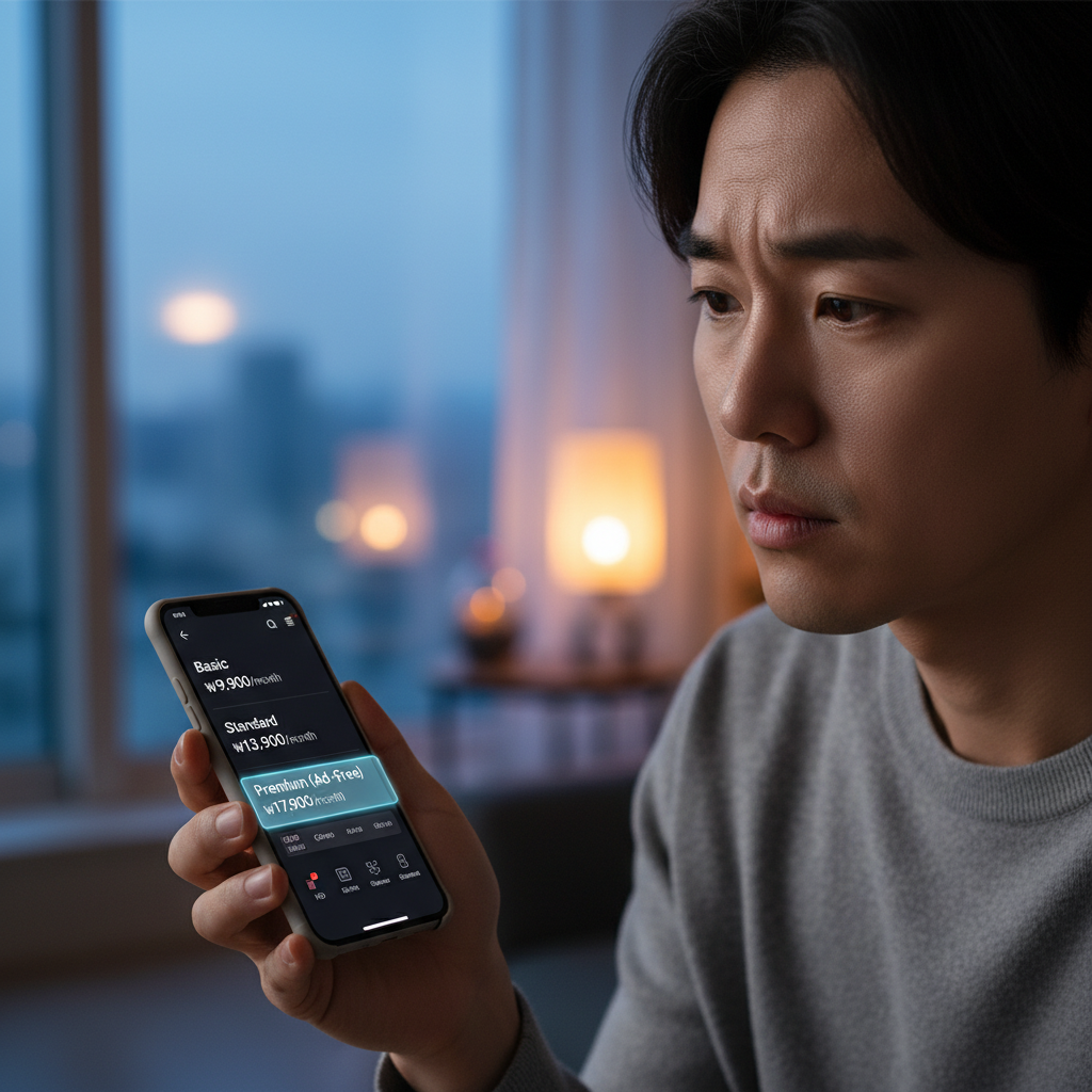 A thoughtful Korean individual looking at a smartphone screen displaying different streaming subscription plans, with one more expensive option highlighted as "ad-free," set against a blurred yet colorful background, natural lighting, no text. Aspect Ratio: 4:3