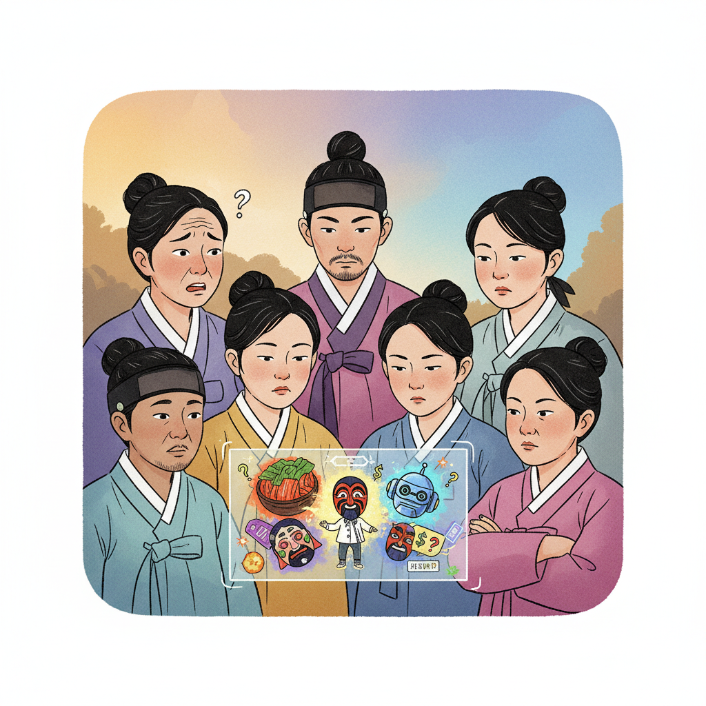 A vibrant illustration showing diverse Korean people with various facial expressions (some confused, some annoyed, some indifferent) reacting to a streaming service screen with an ad, depicting a mix of emotions in a natural setting, colored background, no text. Aspect Ratio: 1:1