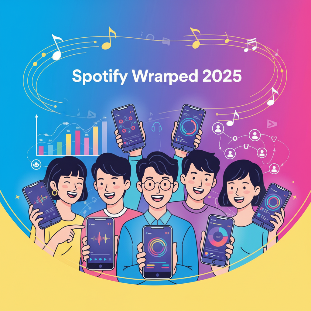 A vibrant and modern infographic showing global users engaging with Spotify Wrapped 2025 on their smartphones. Diverse Korean people are smiling, looking at their phones with music notes and data visualizations subtly in the background. Style: clean infographic, modern layout, high contrast. No text. Colored background.