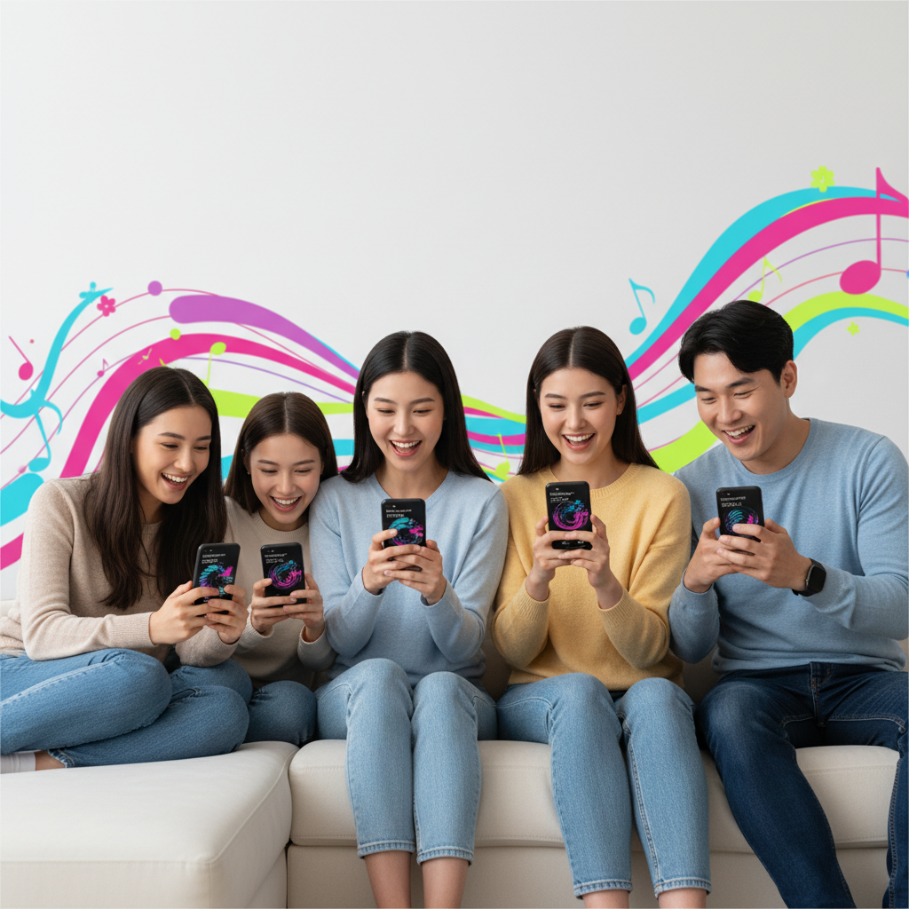 Clean infographic showing friends gathered, looking at their phones with Spotify Wrapped 2025 interface, colorful abstract musical notes in background. Korean appearance people, natural expressions. No visible text.
