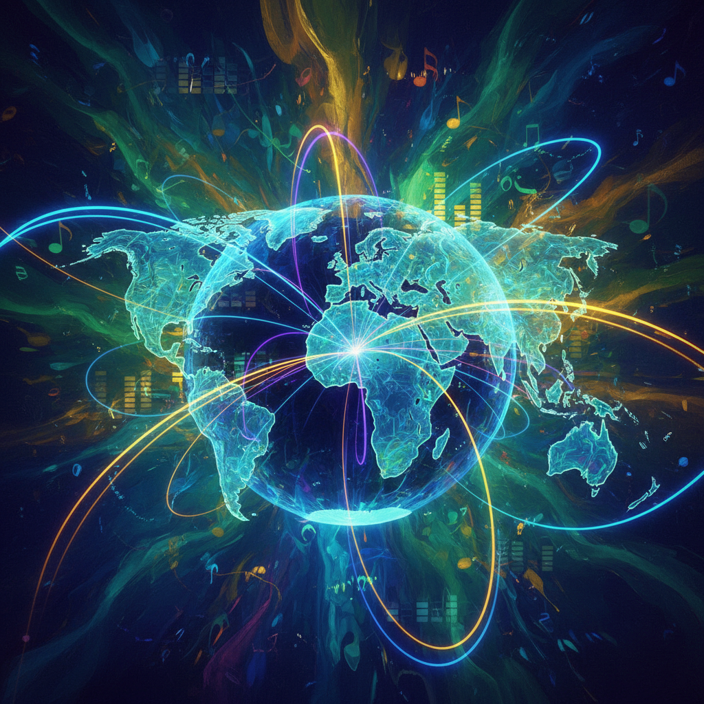 An artistic rendering illustrating the global reach and expansion of Spotify's music video feature. Stylized world map with connecting lines to different regions, all within a vibrant, textured background. No text, no graphs or charts.
