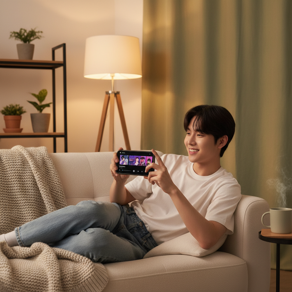 A vivid lifestyle scene showing a Korean person happily watching a music video on their phone, which displays the Spotify app interface. The background is a cozy, modern living room with warm lighting and a soft textured wall, no text