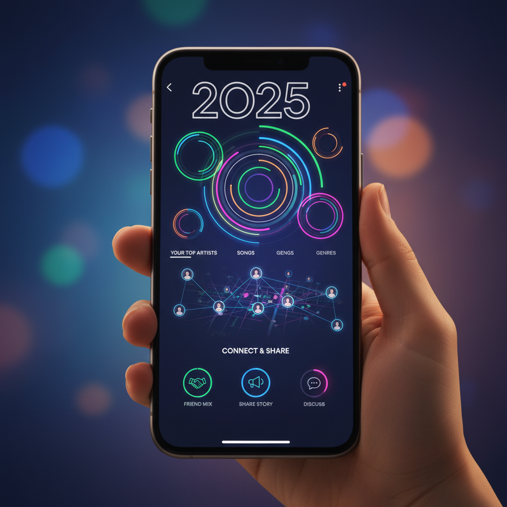 Close-up shot of a Korean person's hand holding a smartphone, showcasing the Spotify Wrapped 2025 interface with new interactive features. The screen displays vibrant data visualizations and options for connecting with friends. Style: modern, clean UI presentation, focused on the screen. No text. Gradient background.