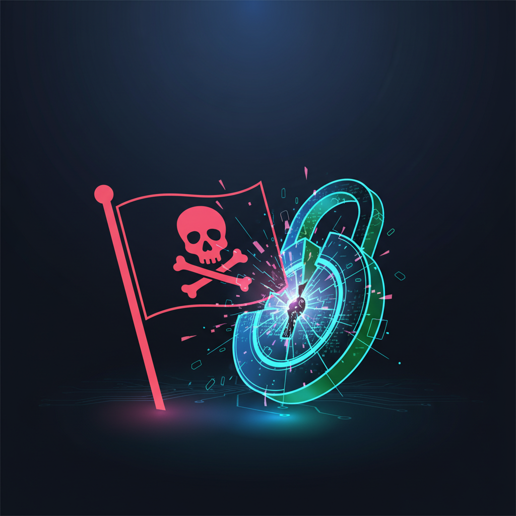 A dramatic image showing a digital lock being broken by a pirate flag icon, symbolizing the Spotify scraping incident, clean infographic style, high contrast, dark gradient background, no text, 4:3 aspect ratio, bright lighting.