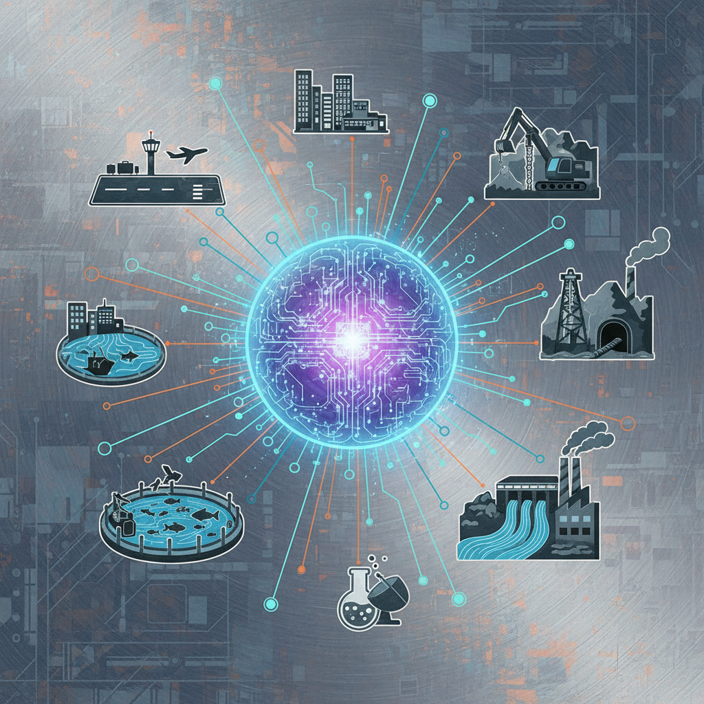 An artistic rendering of a central AI brain or core, surrounded by diverse icons representing different industries like an airport runway, a fish farm, and a mining operation, connected by glowing lines, illustration, artistic rendering, textured background, no text.
