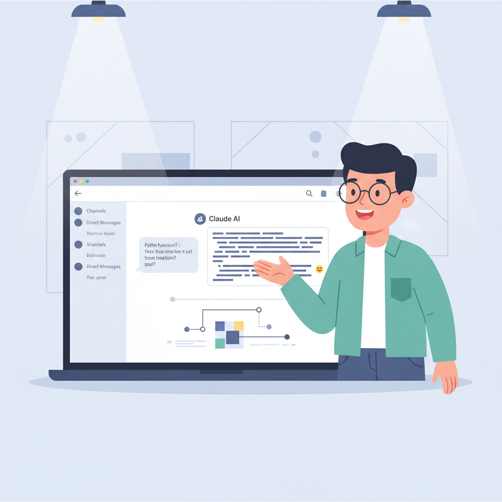 A dynamic scene of a Korean developer happily interacting with Claude AI within the Slack interface on a laptop, code snippets visible, clean infographic style, modern layout, bright lighting, textured background, no visible text except minimal UI elements in English if necessary