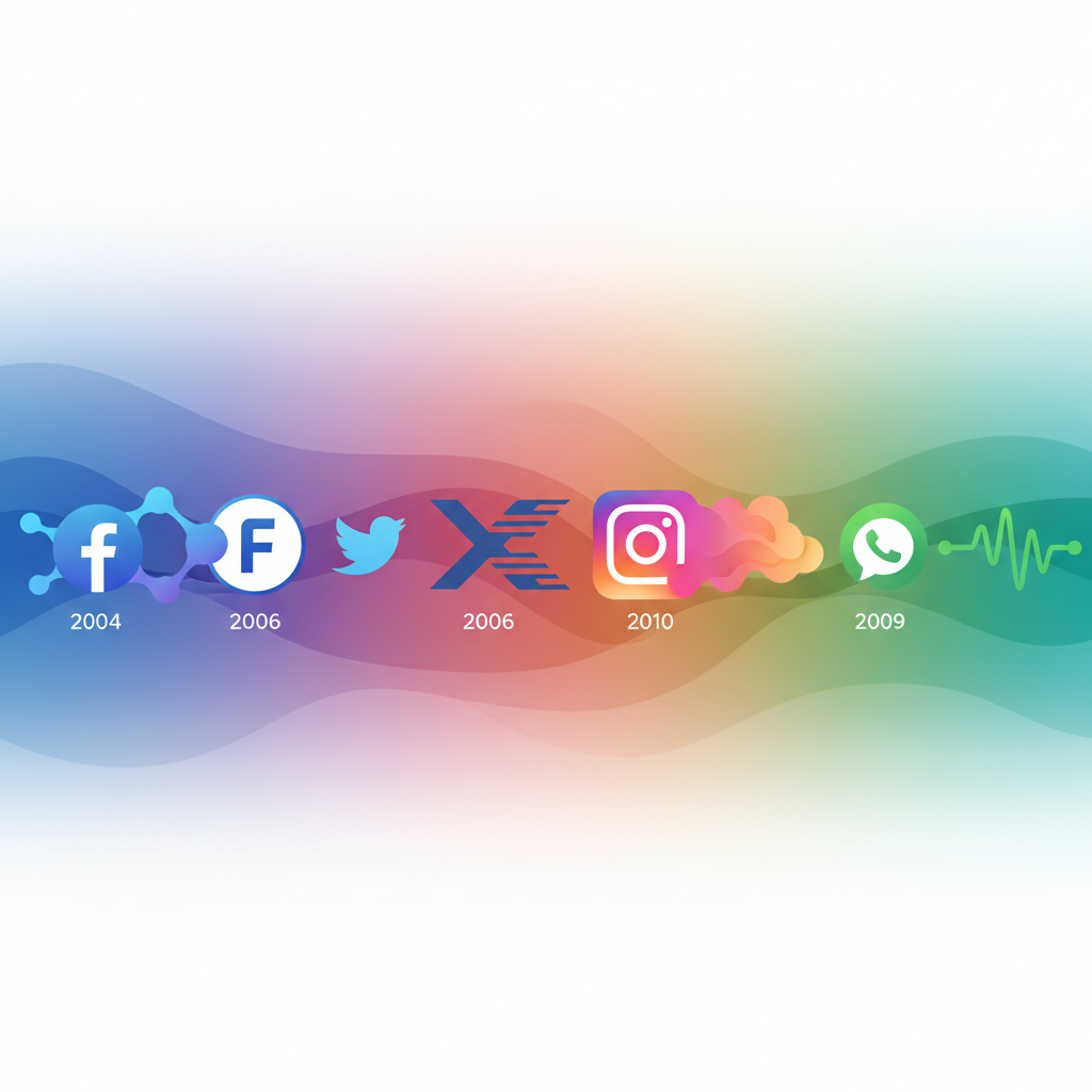 A visual timeline showing the evolution of social media platform branding, with an abstract representation of logos changing over time, depicting transition and adaptation, colored background, clean infographic, no text