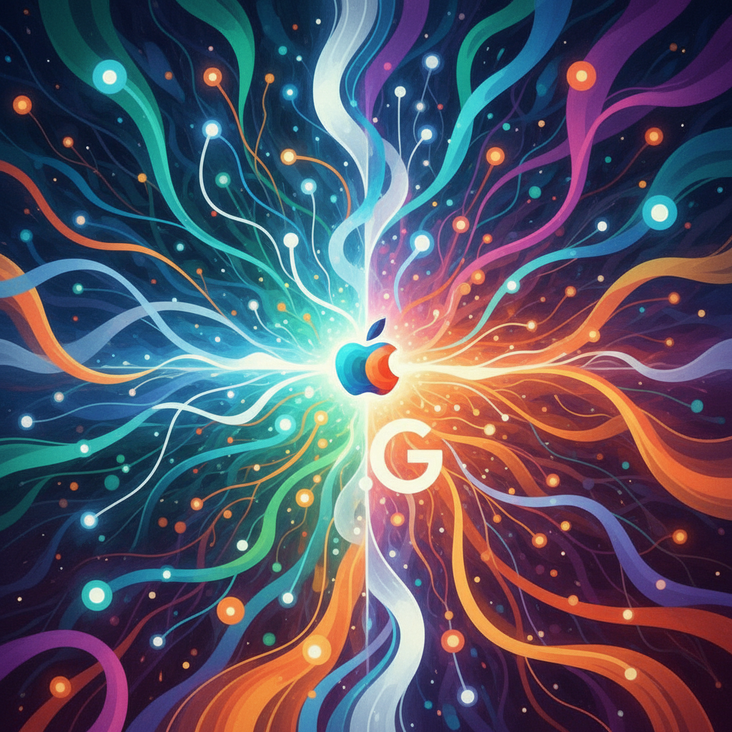 A vibrant illustration depicting the convergence of Apple Intelligence and Google Gemini AI. Abstract, interconnected neural networks and data flows, with Apple and Google design aesthetics blending. Emphasize innovation and collaboration. Textured background, artistic rendering. No text.