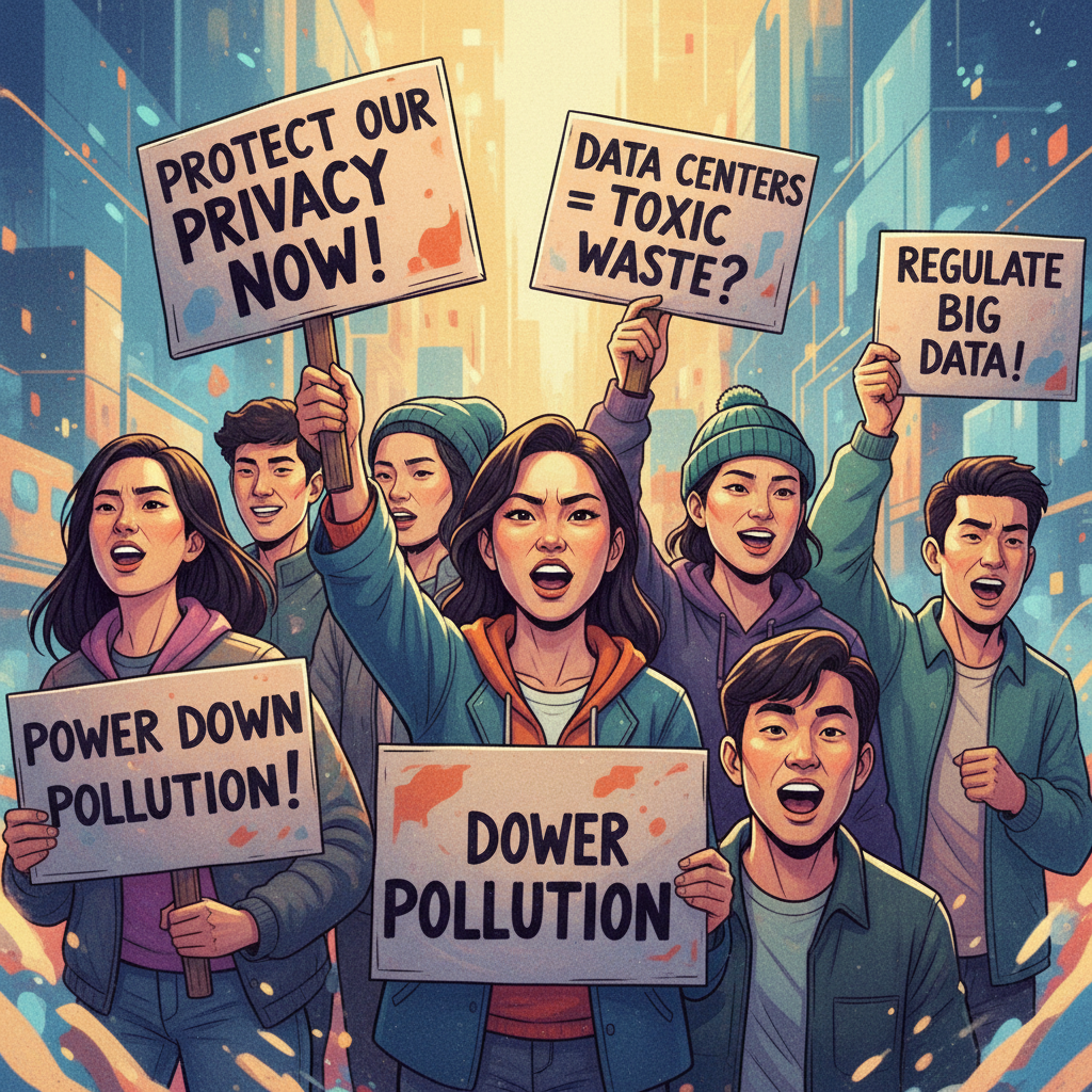 A group of diverse people, Korean appearance, holding protest signs in English, advocating for stricter data center regulations, vibrant illustration, artistic rendering, textured background, natural expression, no text