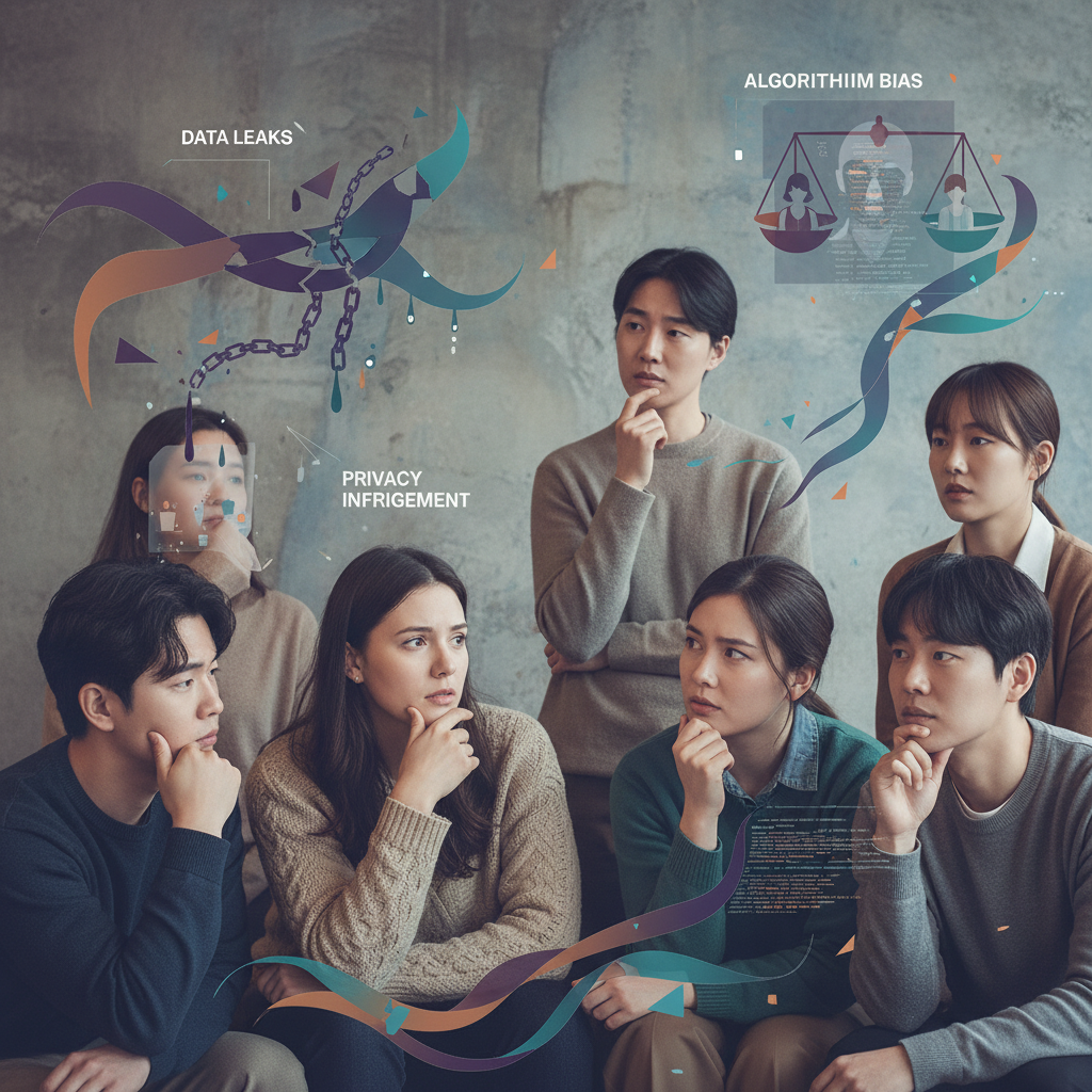 A group of Korean people expressing concern about ethical issues in AI technology, with abstract graphic elements symbolizing data leaks, privacy infringement, and algorithmic bias, lifestyle photography, natural expressions, muted colors, textured background, no text