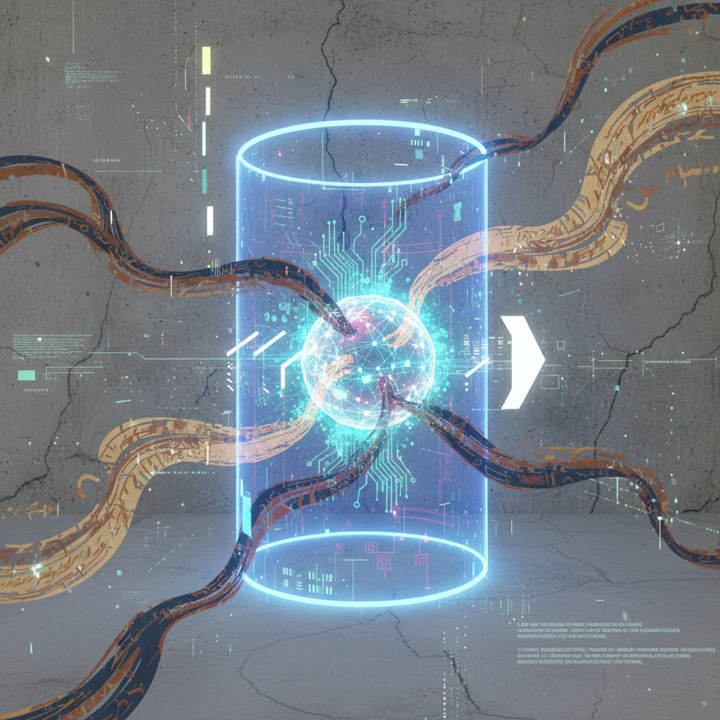 An abstract infographic illustrating the concept of "adversarial poetry" bypassing AI security. Poetic lines or symbols are shown flowing around a protective barrier, reaching a core AI system. Clean, modern, high contrast, textured background. No visible text.