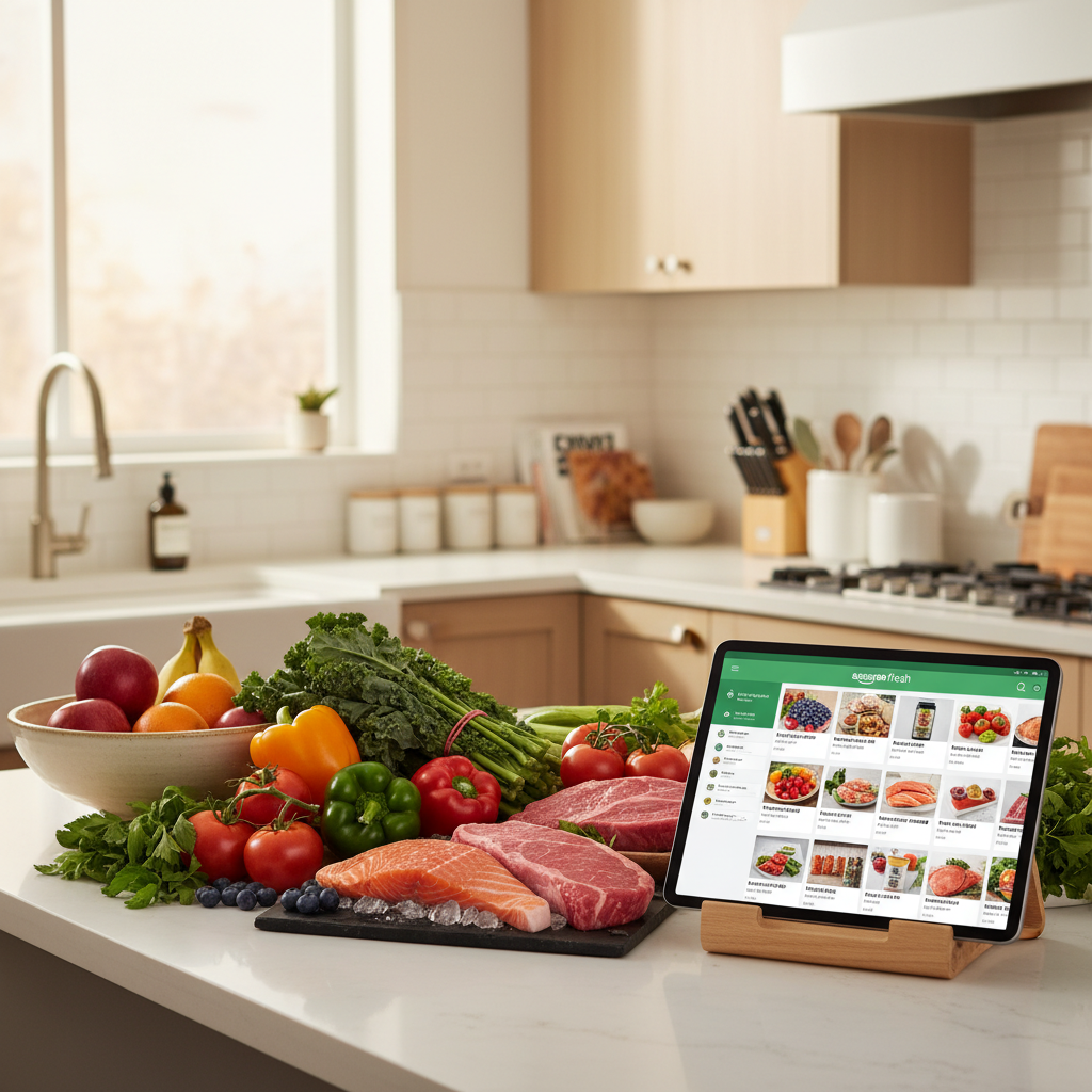 A vibrant kitchen counter scene with an array of fresh groceries like fruits, vegetables, and meats, next to a tablet displaying the Amazon fresh grocery delivery app interface. The background is a modern kitchen with warm, natural lighting. No text.