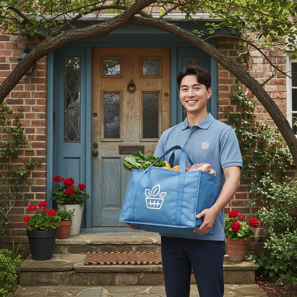 A friendly delivery driver with Korean appearance, holding an insulated bag filled with fresh groceries, at a residential doorstep. The background shows a cozy house entrance with natural lighting. No text.