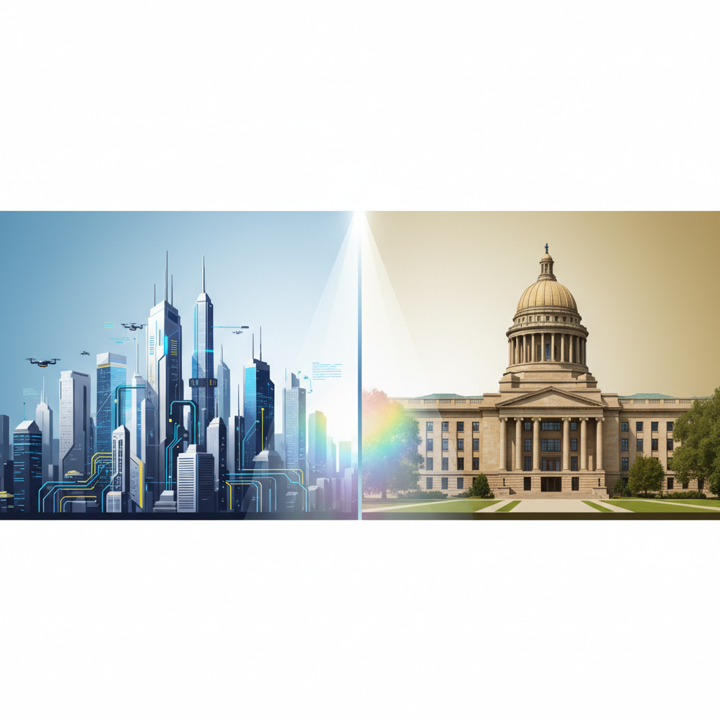 A conceptual infographic with a strong visual metaphor of a transparent glass wall between a high-tech cityscape (representing Silicon Valley) and a classical government building. A spotlight shines on the transparent wall, emphasizing 'transparency'. Clean, modern layout, high contrast, full frame, bright, balanced lighting, gradient background. No text.