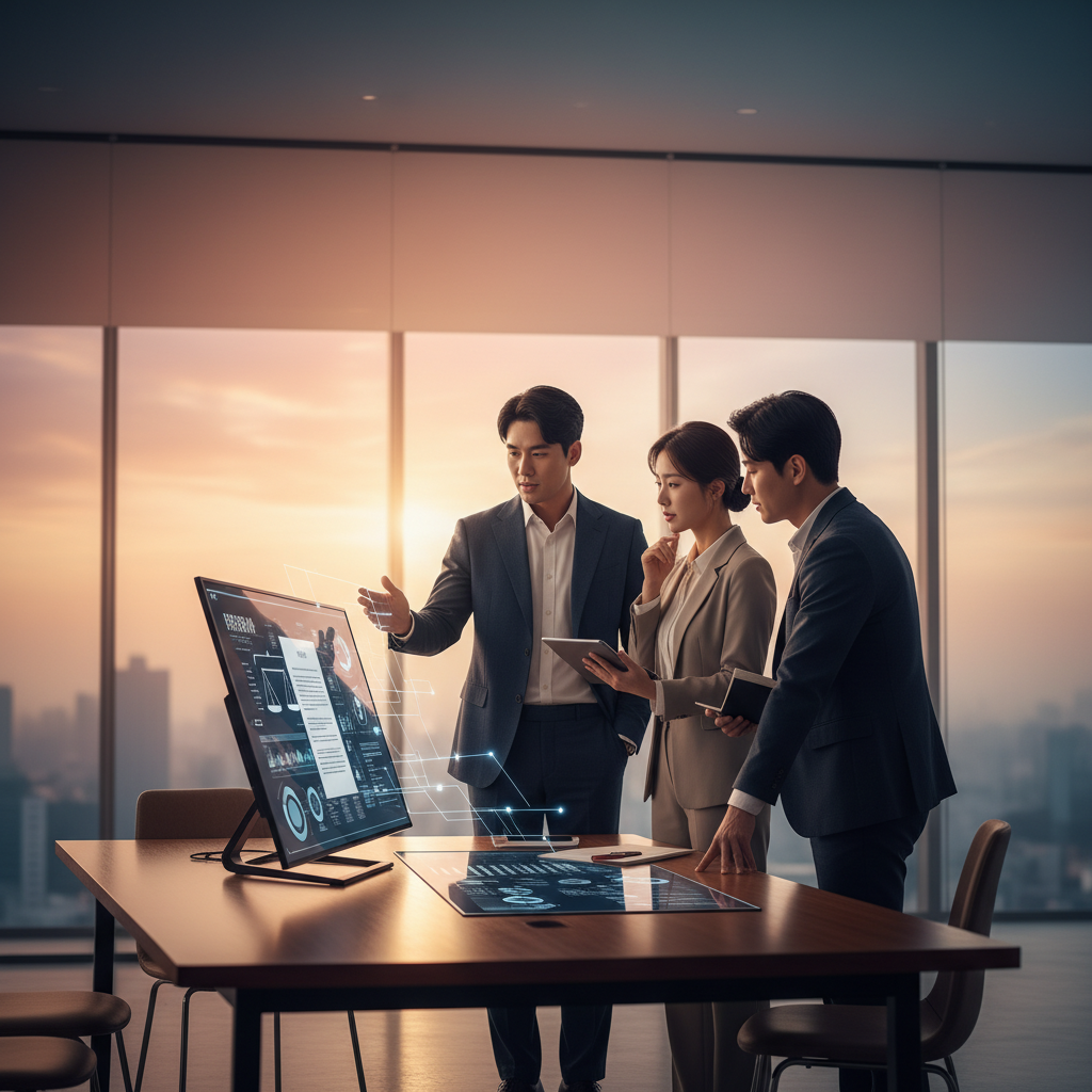 Lifestyle photography of business professionals in a modern office discussing AI regulation, warm lighting, gradient background, Korean appearance, no text