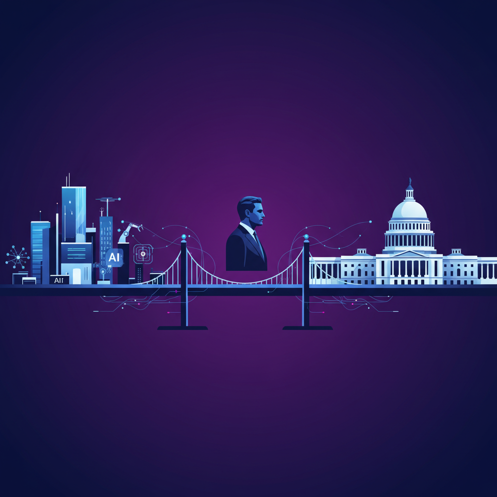 A modern infographic showing a bridge connecting Silicon Valley (represented by tech buildings and AI symbols) to Washington D.C. (represented by the Capitol building). Subtle lines of influence flow between them, with a central figure symbolizing David Sacks. The background is a gradient of deep blue and purple, indicating power and technology. No text.