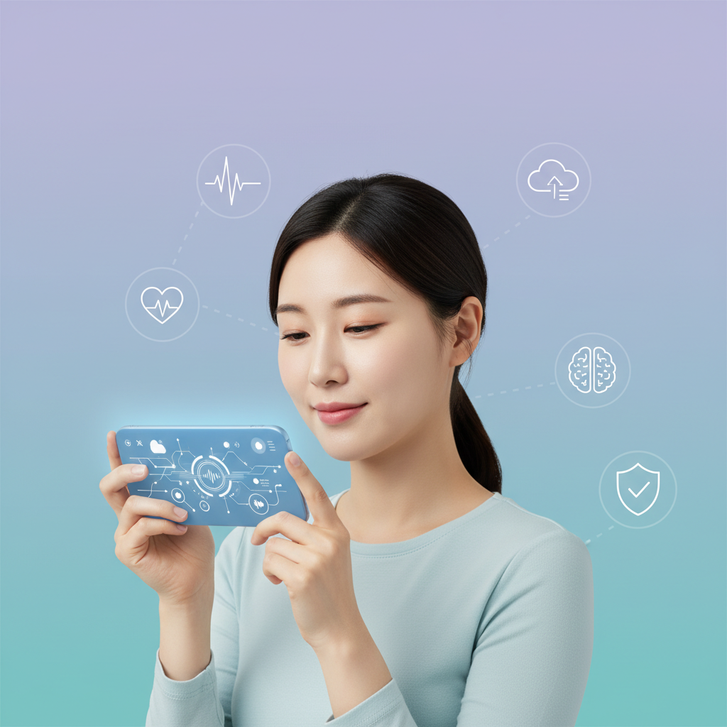 A Korean person (male or female, natural expression) engaging in a real-time voice conversation with an AI assistant on a smartphone, displaying a clean and modern user interface. The background is a soft, gradient color, indicating a focus on digital interaction and health management. No visible text on the screen, just abstract UI elements. Style: clean infographic, modern layout, high contrast.