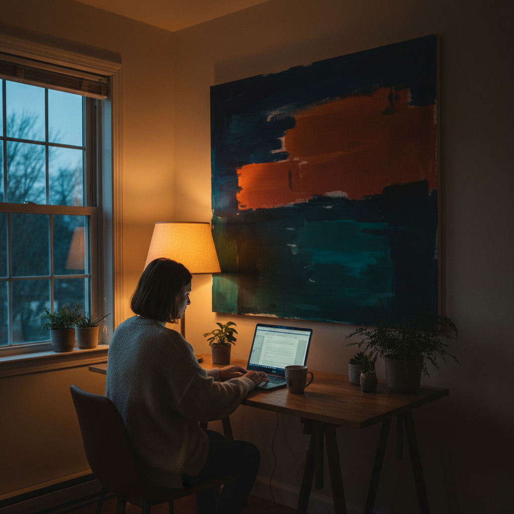 어두운 사무실 배경, lifestyle photography, warm lighting, natural setting, colored background, no text